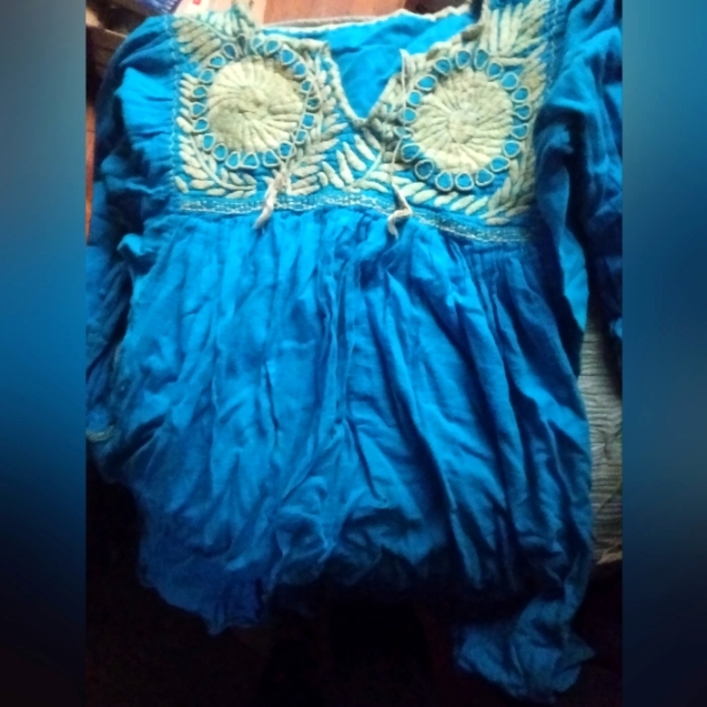 Blue Bohemian Blouse with Embroidered Details, S/M